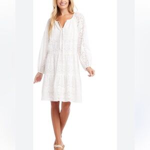 100% Cotton Karen Kane Tiered Long Sleeve Eyelet Dress- White
